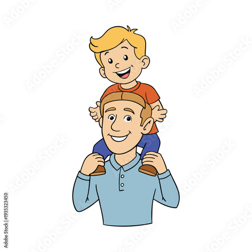 Happy father carrying son on his shoulders for fun fathers day walk