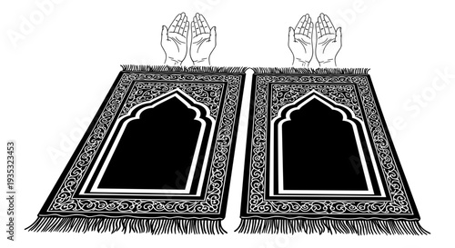 Islamic prayer mats with decorative arches and tree motifs displayed side by side Vector, illustration