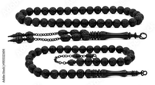Elegant black prayer beads with silver accents and tassel ends Vector, illustration