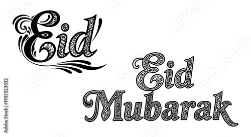 Elegant black and white eid mubarak greeting card design with decorative script Vector, illustration