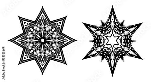 Intricate geometric star patterns with symmetrical fractal designs Vector, illustration