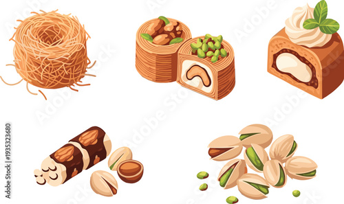  Assorted Middle Eastern Desserts and Pistachio Nuts Vector Illustration Set Isolated on White Background