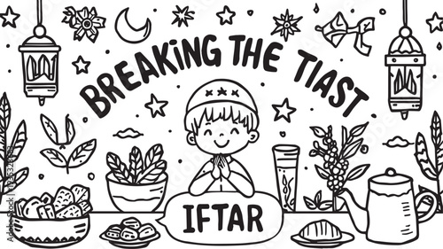 Black and white illustration of child praying with food lanterns crescent moon and Iftar text symbolizing Ramadan fasting and celebration