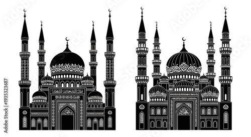 Detailed illustration of two grand mosques with distinct architectural features and minarets Vector, illustration