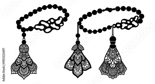 Intricate black filigree bracelets with ornate hanging pendants displayed side by side Vector, illustration
