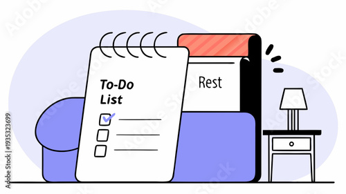 Everyday calm balance between household tasks and personal rest during a normal day at home, a simple to do list paired with a soft pause icon symbolizing See Less