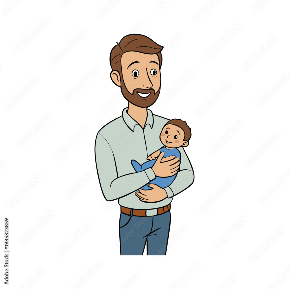 Fototapeta premium Proud father holding his newborn baby in arms on Father's Day card