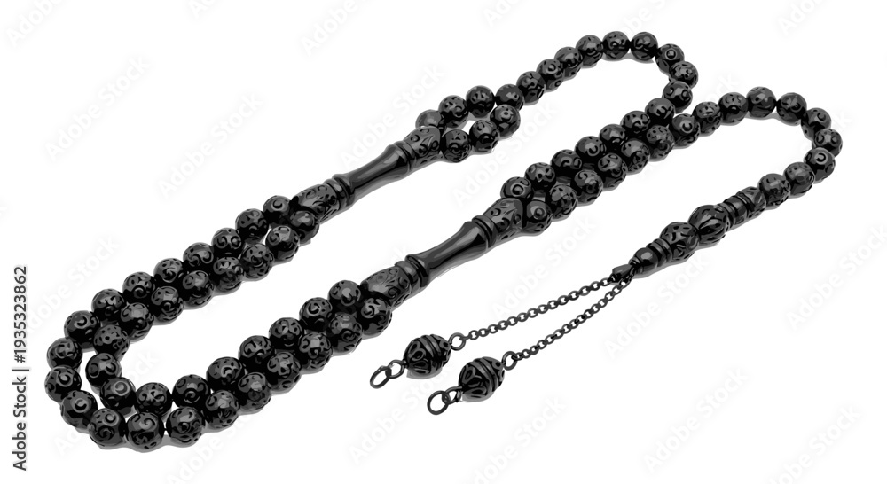 Obraz premium Elegant black beaded rosary with a small metal cross pendant and keychain attachment Vector, illustration