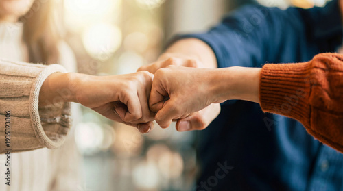 Three friends or colleagues performing a fist bump, a gesture of greeting, celebration, or agreement, in a warm, casual setting.