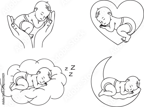 Four black and white of sleeping babies in various positions baby line heart cloud