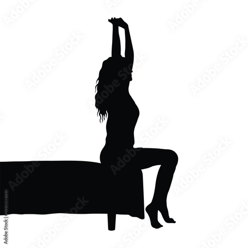 Woman stretching arms while sitting on edge of bed after sleep in the morning side view black silhouette flat vector illustration.