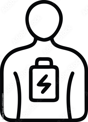 Minimal line icon of human body with battery symbol representing energy levels health vitality stamina recharge and wellness in clean simple outline vector style.