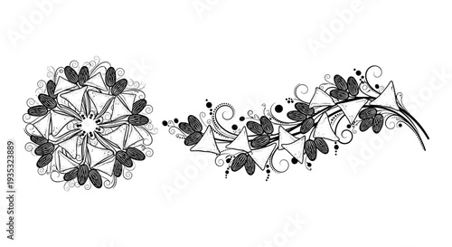 Elegant vintage botanical flourish with intricate floral and leaf motifs in black and white Vector, illustration