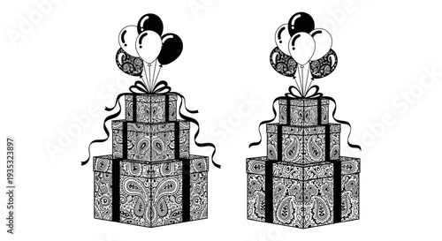 Two elegantly wrapped gift boxes topped with colorful balloons for celebration Vector, illustration