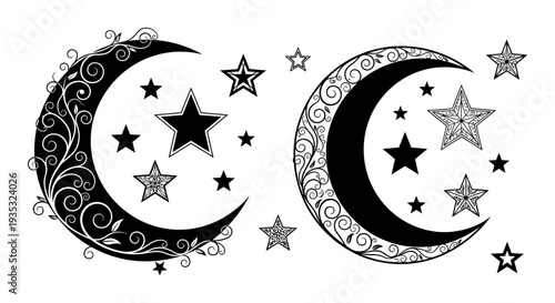 Intricate crescent moons adorned with elegant stars and decorative swirls in black and white. Vector, illustration