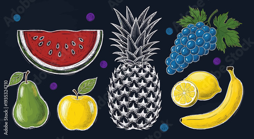 Colorful illustration of various fresh fruits on dark background