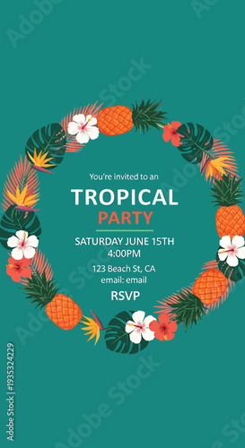 Tropical party invitation with pineapples flowers and leaves on green background