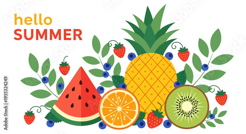 Colorful summer fruits with leaves and berries arrangement illustration