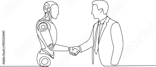 Handshake between businessman and robot, continuous line drawing concept