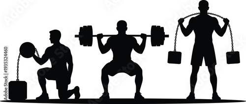 Black and white vector silhouette of strong men lifting heavy weights with barbells and chains in a gym for bodybuilding and fitness training concepts