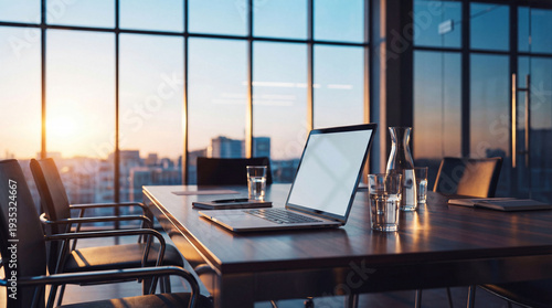 Tableau sur toile Brightly lit modern office meeting room with large windows overlooking city skyline during a golden hour sunset