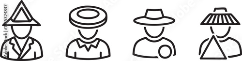 Four black line of people wearing different hats on white background line hats black and white