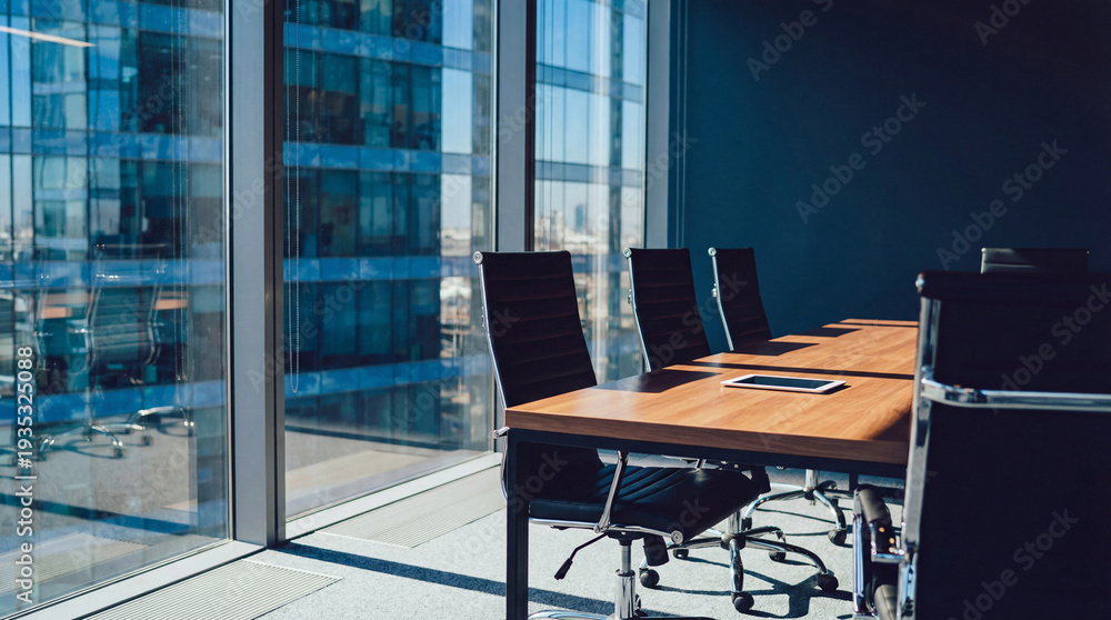 Obraz premium Modern office meeting room with large windows overlooking a cityscape, featuring a conference table and chairs with a tablet device, perfect for corporate presentations and business discussions.