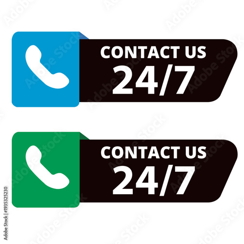 Green and blue 24-7 contact us signs on a white background