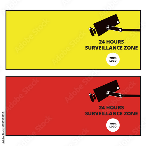Red and yellow 24 hours surveillance zone signs with copy space isolated on a white background