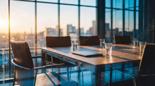 Fotografie Modern office boardroom with a large wooden table, chairs, and city view during sunset