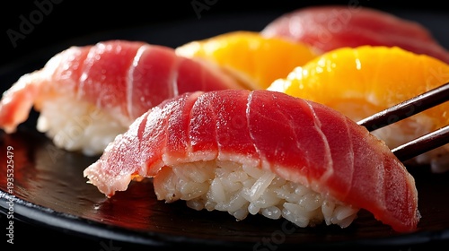Close-up of sushi nigiri with various fish and fruit toppings arranged on a black plate