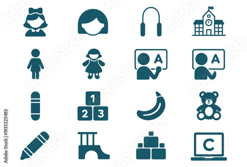 Education and children’s activities icons vector, colorful symbols representing school, toys, learning tools