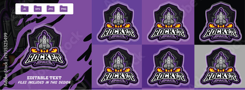 Powerful futuristic rocket space modern dynamic shield mascot logo graphic icon. Launching spaceship with flames, editable text six background variants. Vector illustration.ai