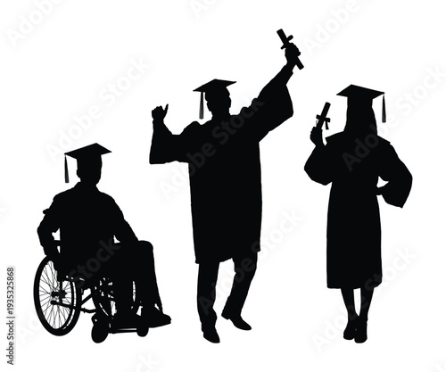 Portrait of disability young man in wheelchair with college friends graduate in cap and gown raising hands holding diplomas standing together black silhouettes isolated on white background.