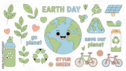 Earth day icons and symbols for eco friendly living and environmental conservation on a white background
