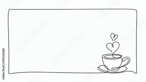A minimalist one line drawing of a heart rising from a steaming cup of coffee on a saucer set against a simple white background with a subtle rectangular border