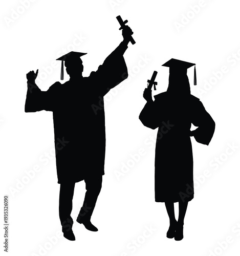 Portrait of man and woman wearing graduation cap and gown raising hand holding diploma standing together front view black silhouettes isolated on white background.