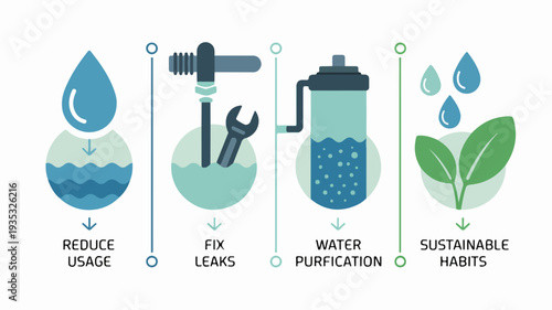 Water conservation infographic with reduce fix purify sustainable habits icons