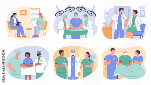 Comprehensive vector illustration of healthcare professionals in various medical settings and scenarios with patients