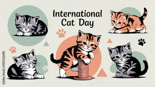 International cat day illustration with five cute kittens and paw prints on beige background
