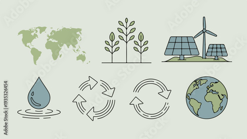 Eco friendly icons bundle earth recycling solar energy water droplet and green world map on minimalist background