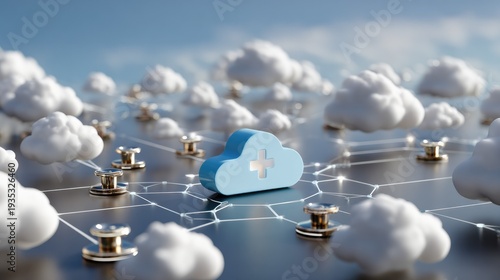 Cloud Computing Network: An artistic depiction of a cloud-shaped icon, adorned with a medical symbol, at the center of a network.