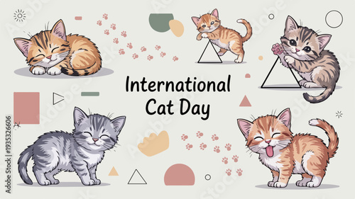 Adorable kittens celebrate international cat day with playful poses and colorful shapes on a light background