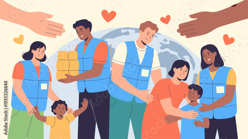 Diverse group of people in blue vests helping and supporting each other with boxes and children surrounded by hearts and hands on beige background with globe