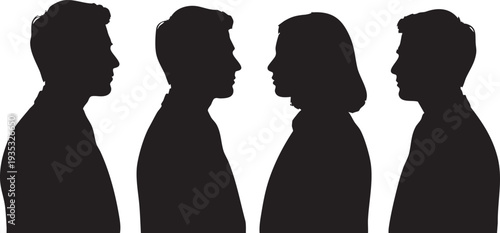 Four black silhouette portraits of people facing right silhouettes white background