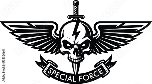 Black and white vector tactical emblem featuring a skull with lightning bolt and dagger through it with wings and special force ribbon banner