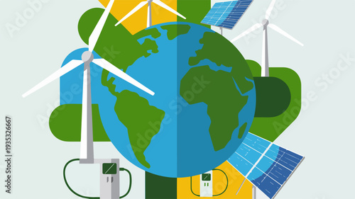 Eco friendly technology and renewable energy sources around the earth with solar panels and wind turbines