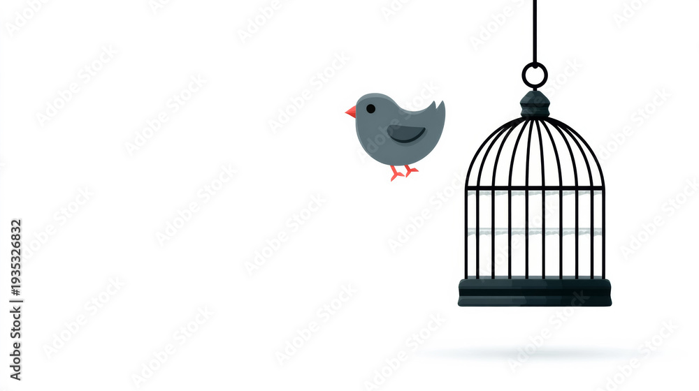 Fototapeta premium Gray bird flying away from open black cage on white background