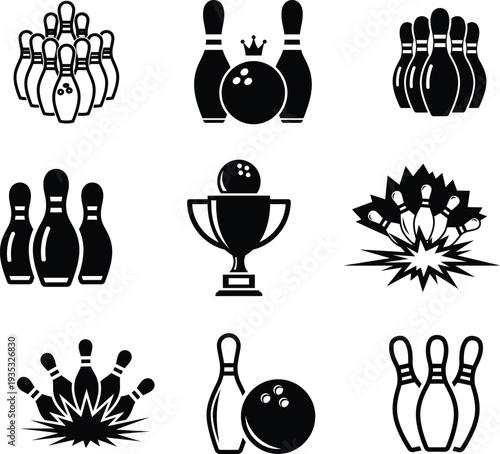 Black and white bowling icons with pins and balls on white background