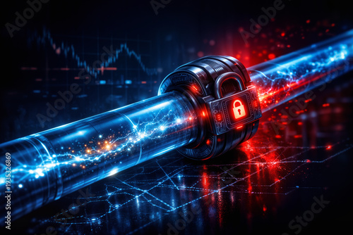 Energy supply pipeline with digital padlock symbolizing chokepoint blockade supply chain disruption maritime trade vulnerability and global energy security crisis